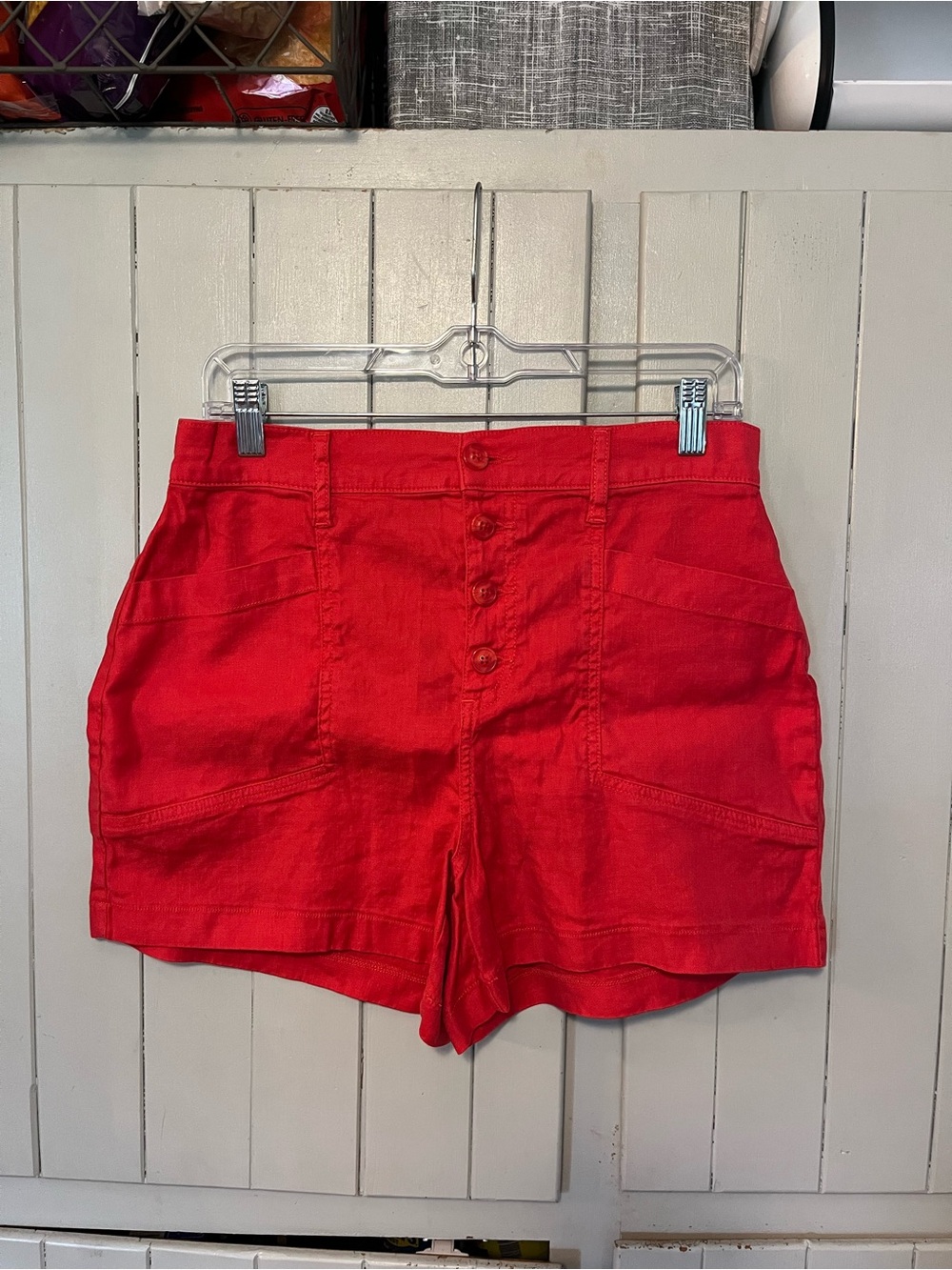 Evereve Bright Red High-Waist Button-Front Linen Blend Shorts 29